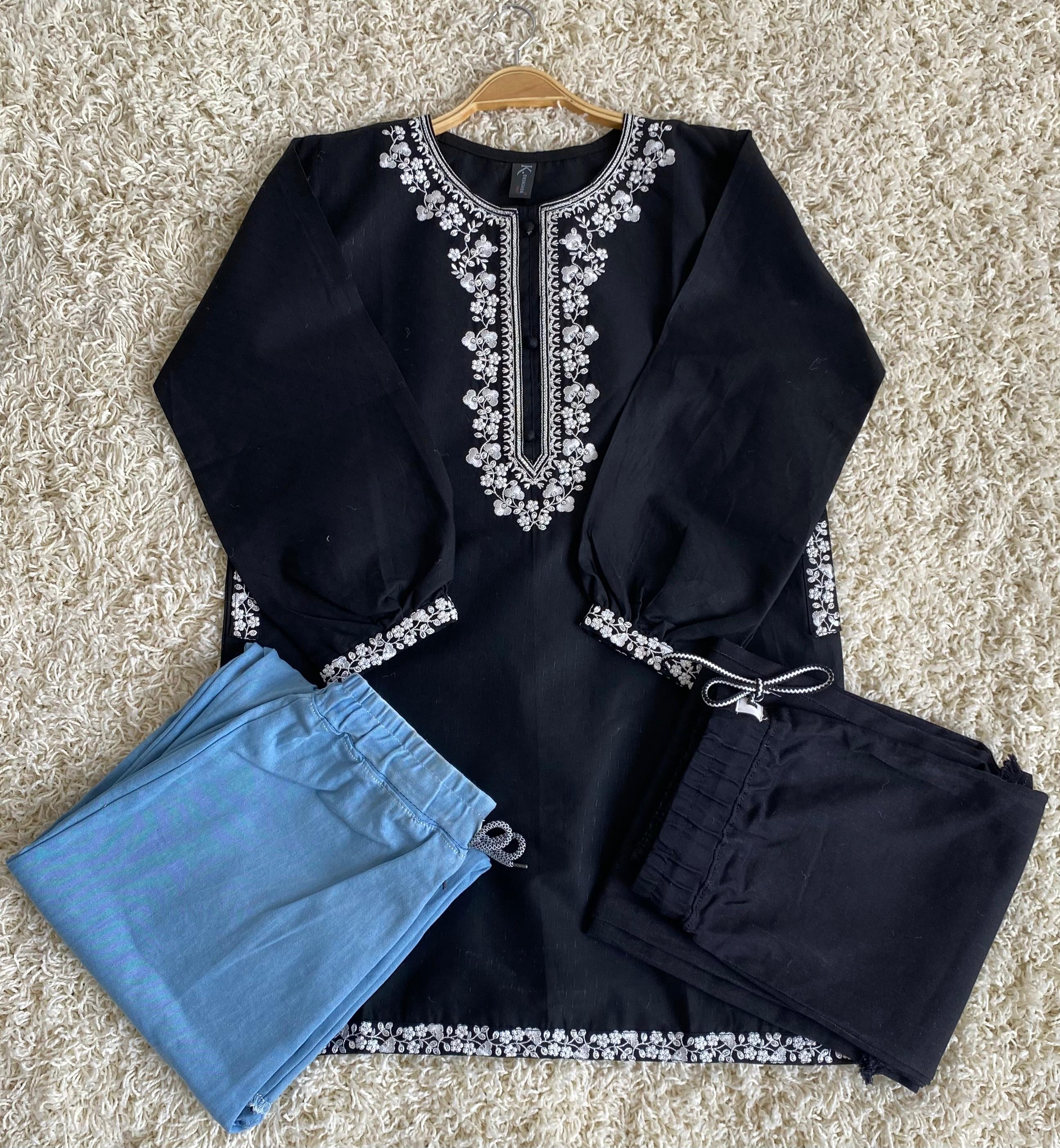 Stitched 2 Piece Embroided Royal Cotton Top with Baggy Jeans